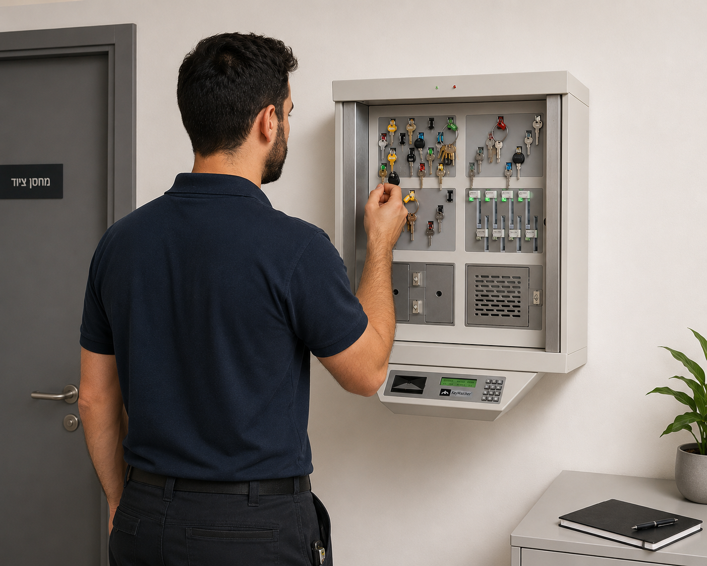 עובד מפעיל ארון מפתחות חכם KeyWatcher במסדרון ארגוני